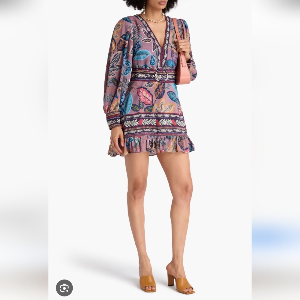 FARM Rio Wild Night long sleeve Leaf-Print Mini Dress